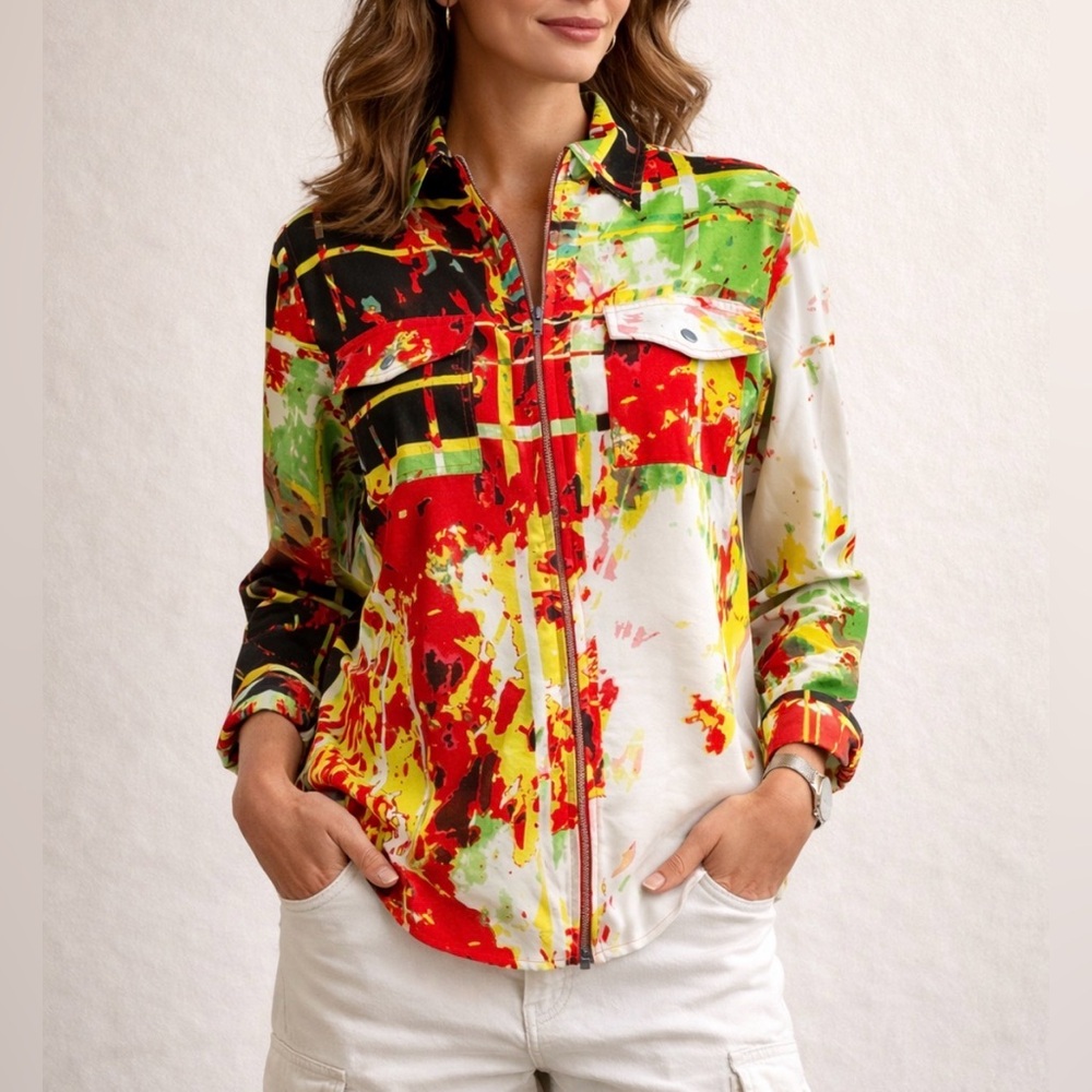 -Tracy M Zip Up Front L/S Colorful Collared Blouse Women's Large